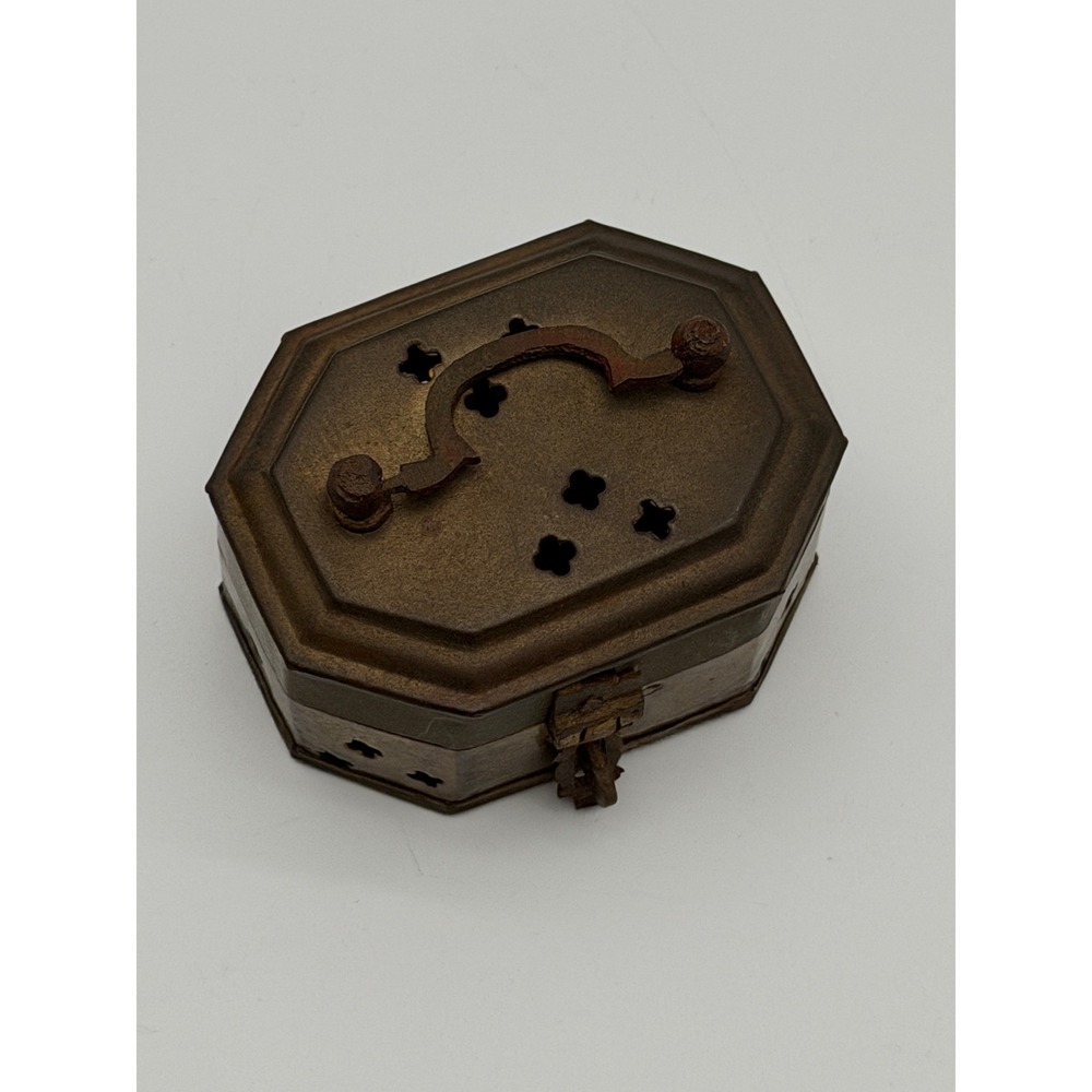Vintage Brass Octagon Trinket Box Made in India Hinged Latch Star Cutouts Handle